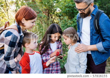 Group of school children with teacher on field trip in nature, learning science. 57816155
