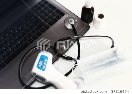 Stethoscope in the office of doctors.Top view Stethoscope in the office of doctors.Top view 57816494