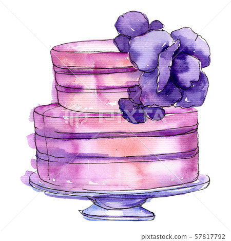Tasty cake with flowers in a watercolor style isolated. Aquarelle sweet dessert. Background 57817792