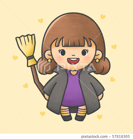Girl wearing witch dress holding magic broom Girl wearing witch dress holding magic broom 57818305
