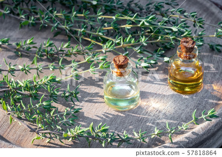 Bottles of thyme essential oil with fresh thyme Bottles of thyme essential oil with fresh thyme 57818864