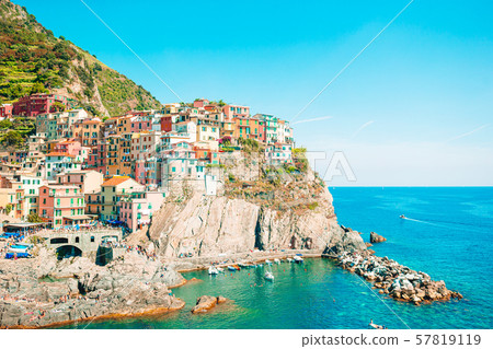 Amazing view of the beautiful village of Manarola in the Cinque Terre Reserve. 57819119