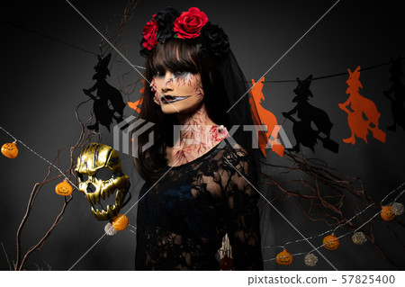 Zombie woman with Wound face black hair red rose Zombie woman with Wound face black hair red rose 57825400