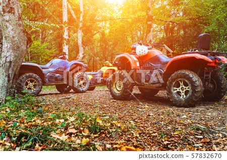 A group of ATVs in a forest covered in mud. Wheels 57832670