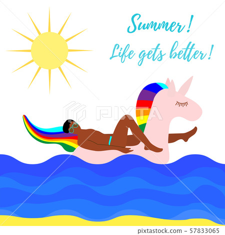 Man swims on inflatable unicorn on the sea Vector Man swims on inflatable unicorn on the sea Vector 57833065