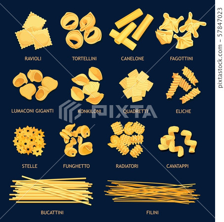 Italian pasta types, cuisine vector objects 57847023
