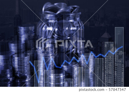 Double exposure Stack of coin with financial graph 57847347