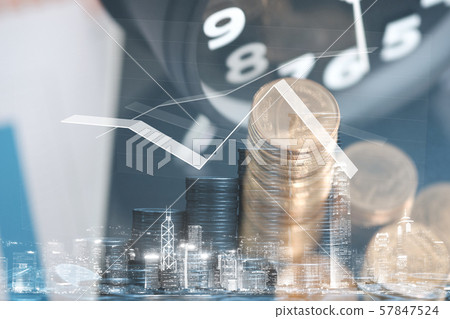 Double exposure Step of coins and tablet computer 57847524