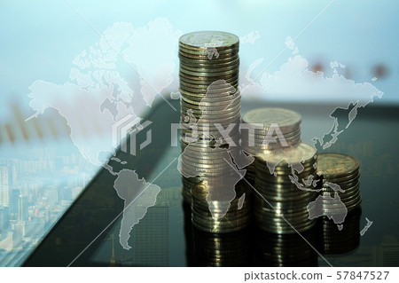 Step of coins stacks and tablet computer with 57847527