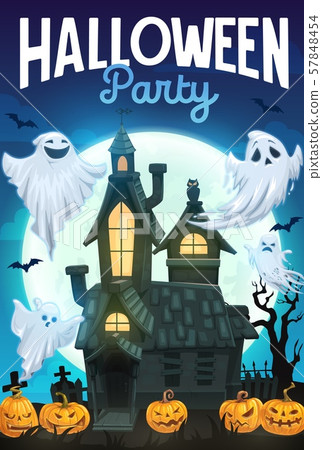 Halloween ghosts, pumpkins and bats with house Halloween ghosts, pumpkins and bats with house 57848454