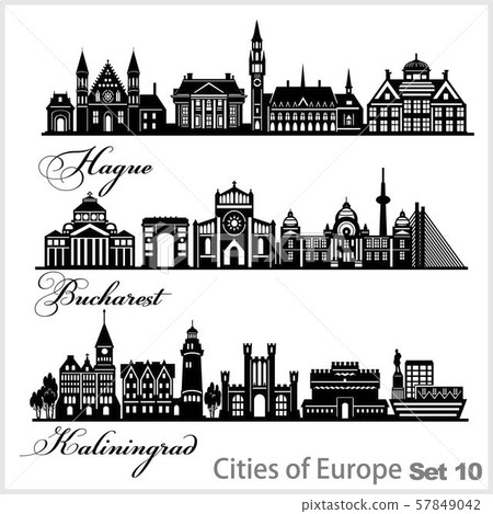 City in Europe - Hague, Kaliningrad, Bucharest. Detailed architecture. Trendy vector illustration. 57849042