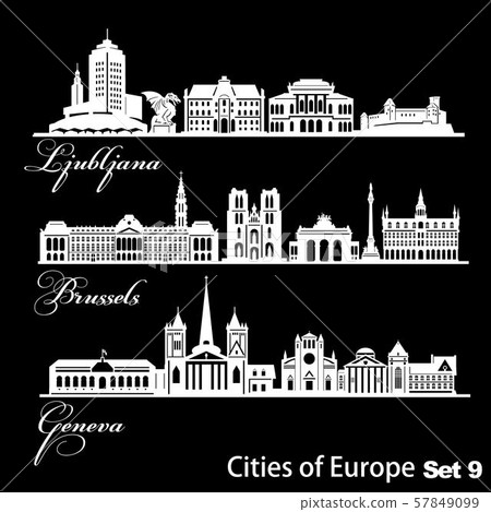 City in Europe - Ljubljana, Geneva, Brussels. Detailed architecture. Trendy vector illustration. City in Europe - Ljubljana, Geneva, Brussels. Detailed architecture. Trendy vector illustration. 57849099