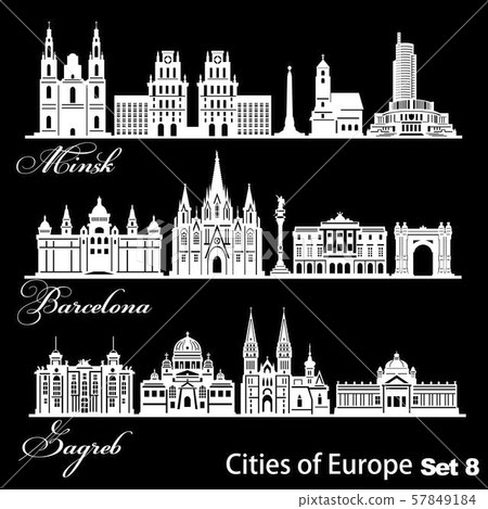 City in Europe - Barcelona, Zagreb, Minsk. Detailed architecture. Trendy vector illustration. 57849184