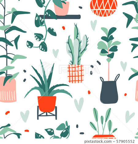 Seamless pattern with cute colorful hand drawn flower pots 57905552