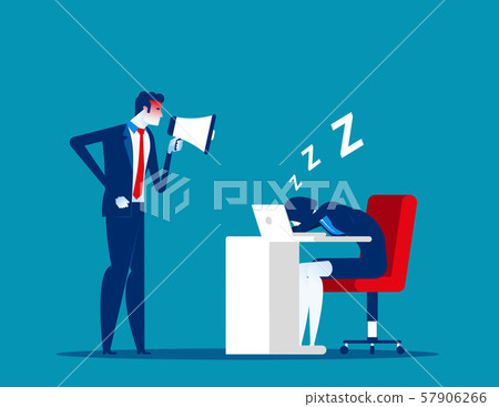 Angry boss use megaphone to wake up employee. 57906266