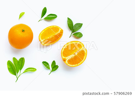 Fresh orange citrus fruit with leaves isolated Fresh orange citrus fruit with leaves isolated 57906269