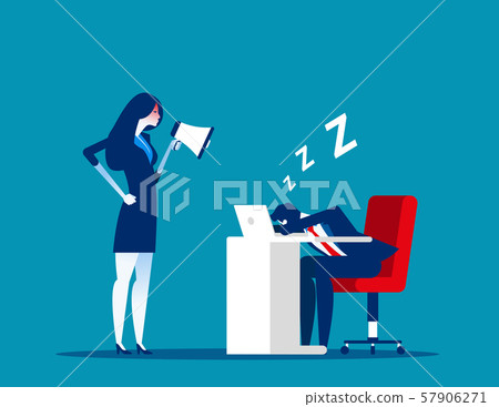 Angry boss use megaphone to wake up employee. Angry boss use megaphone to wake up employee. 57906271