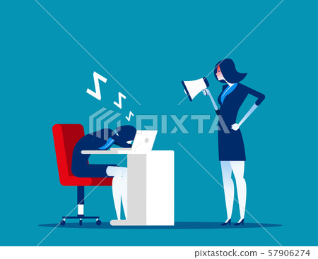 Angry boss use megaphone to wake up employee. Angry boss use megaphone to wake up employee. 57906274
