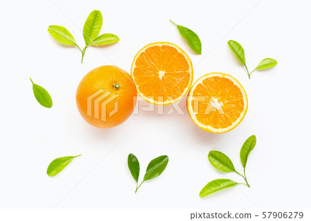 Fresh orange citrus fruit with leaves isolated Fresh orange citrus fruit with leaves isolated 57906279