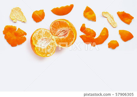 Orange with peel on white. Copy space Orange with peel on white. Copy space 57906305