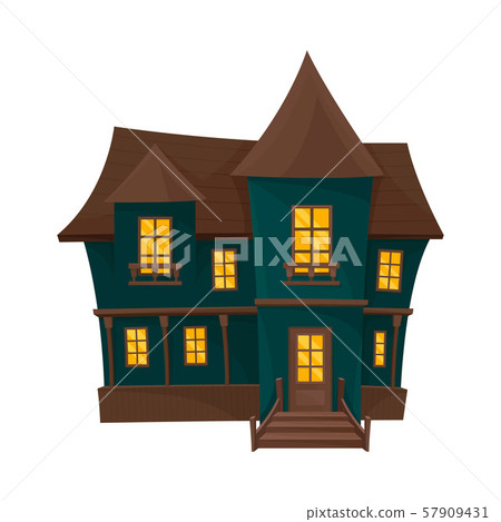 Old dark green house with a wooden roof and porch. Vector illustration. 57909431