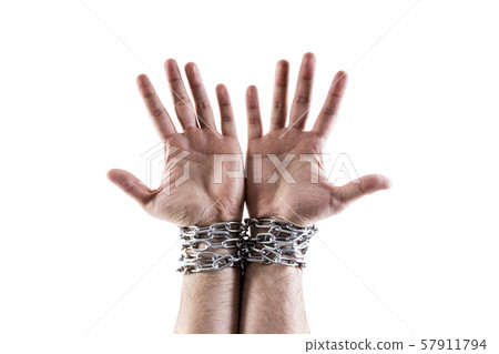 Two hands in chains isolated on white background with clipping path Two hands in chains isolated on white background with clipping path 57911794