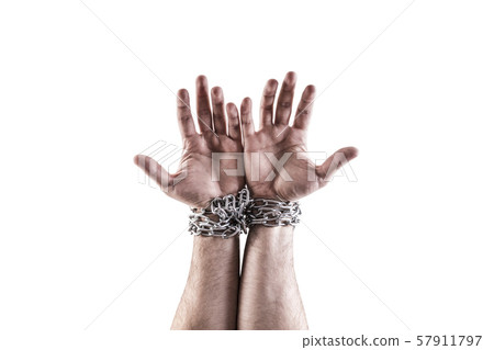 Two hands in chains isolated on white background with clipping path Two hands in chains isolated on white background with clipping path 57911797