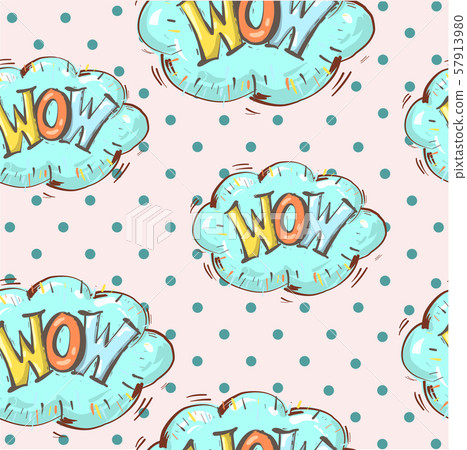 Comic speech bubble WOW seamless pattern on cute clouds. Vector bright cartoon illustration in retro 57913980