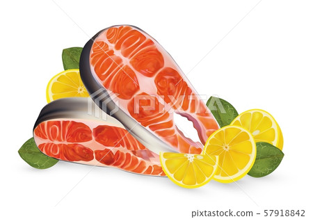 Two fillet salmon with lemon. Fresh steak salmon and lemon on white background. Fillet red fish Two fillet salmon with lemon. Fresh steak salmon and lemon on white background. Fillet red fish 57918842