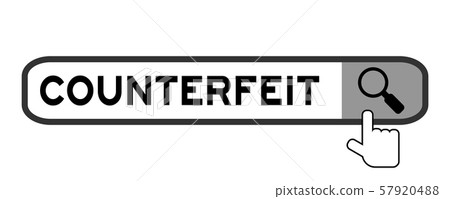 Hand icon over magnifier to find word counterfeit Hand icon over magnifier to find word counterfeit 57920488