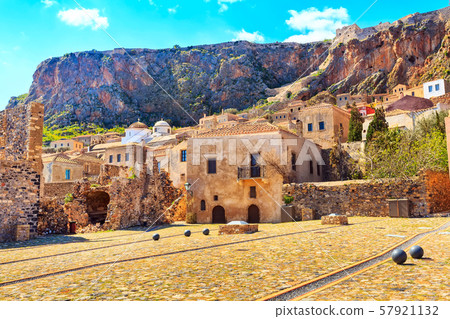 Monemvasia old houses view in Peloponnese, Greece Monemvasia old houses view in Peloponnese, Greece 57921132
