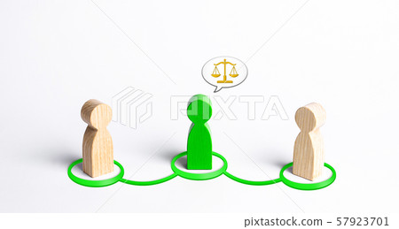 A green man mediates between two people. Judge the two sides and come to a compromise. Negotiations, business deal. Ask for advice from an experienced specialist. Fair resolution of conflict, dispute A green man mediates between two people. Judge the two sides and come to a compromise. Negotiations, business deal. Ask for advice from an experienced specialist. Fair resolution of conflict, dispute 57923701