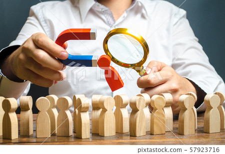 Head of Human Resources examines a candidate red figure. Recruiting new workers, headhunters. Search for talented worker. Assessment of qualities skills. Attraction of valuable personnel 57923716