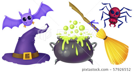 Cauldron, broom, bat, spider, hat. Witch stuff. Cauldron, broom, bat, spider, hat. Witch stuff. 57926552