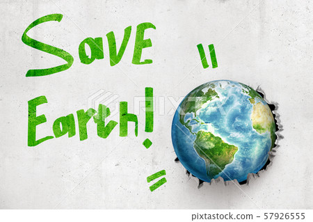 3d rendering of earth globe breaking white wall with green 'Save Earth' sign 3d rendering of earth globe breaking white wall with green 'Save Earth' sign 57926555