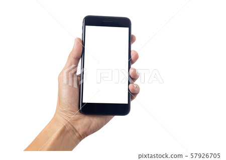 Hand man holding smartphone with blank screen Hand man holding smartphone with blank screen 57926705