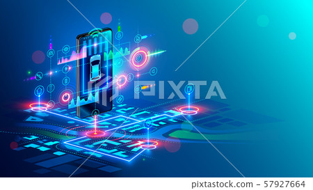 Isometric virtual abstract interface of Intelligent car system and gps navigator on hanging screen 57927664