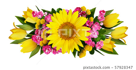 Sunflower, tulips and hawtorn flowers arrangement 57928347