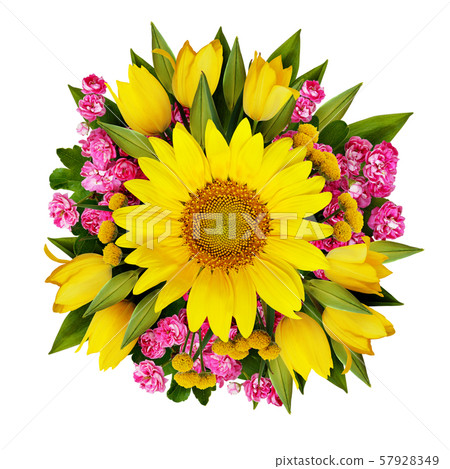 Sunflower, tulips and hawtorn flowers bouquet 57928349