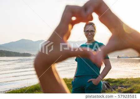 Portrait of woman on Teletskoye lake 57928581