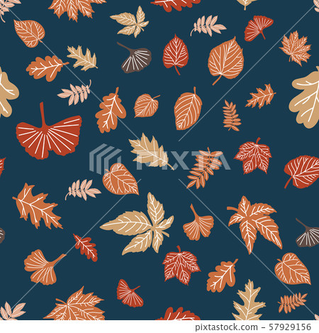 Autumn leaves pattern on dark blue green backgrpound. Vector seamless pattern for textile, wrapping 57929156