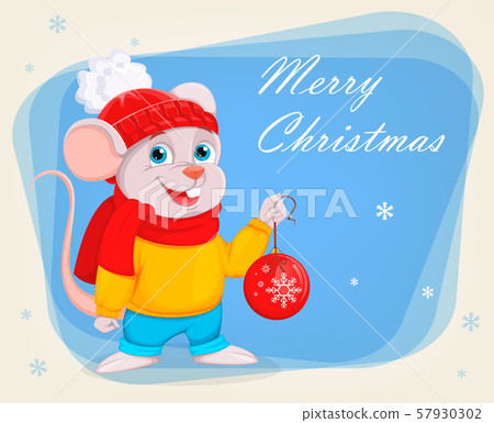 Funny cartoon mouse holds Christmas tree ball 57930302