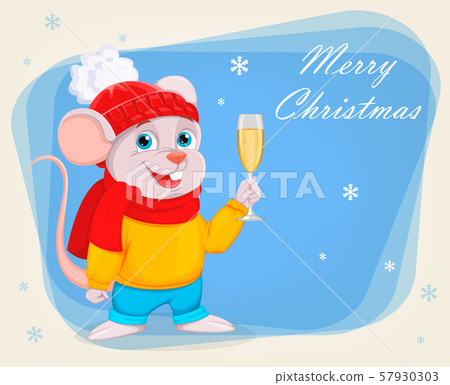 Funny cartoon mouse holds a glass of champagne 57930303
