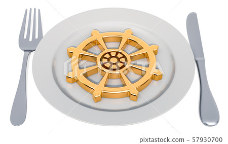 Buddhist Lent concept. Plate with Dharmachakra 57930700