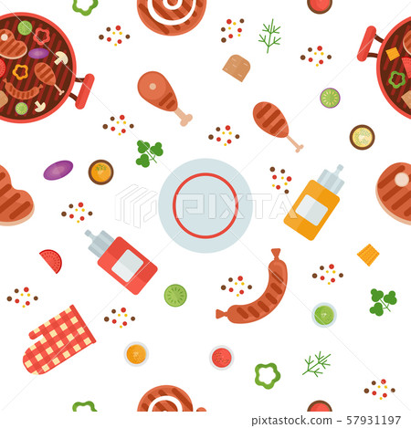 Flat vector seamless pattern BBQ. Grilled meat... - Stock Illustration ...