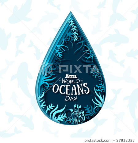 World Oceans Day. Paper art of sea waves, plants 57932383
