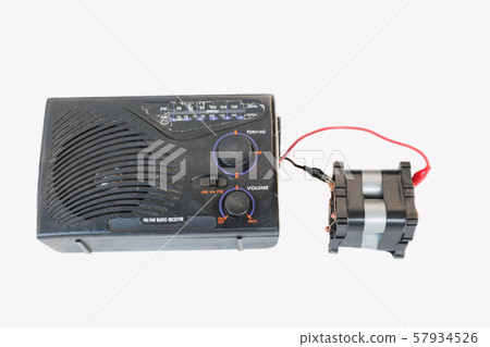 old transistor radio, backup battery, Lithium phosphate battery power bank,DIY by yourself on the white background. 57934526