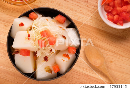 Tofu Jelly in bowl on wooden background,Diced Tofu Jelly in bowl on wooden background,Diced 57935145