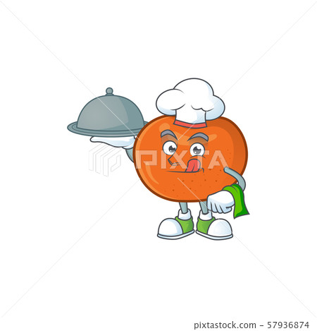 Chef with food tangerine cartoon mascot on white background Chef with food tangerine cartoon mascot on white background 57936874