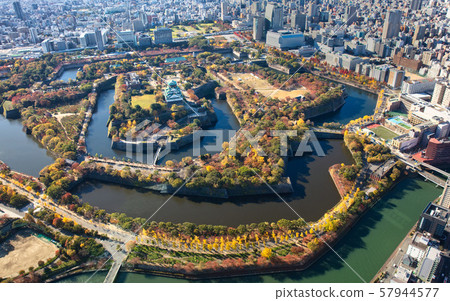 Aerial view of Osaka Castle in autumn colors Aerial view of Osaka Castle in autumn colors 57944577